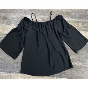 Pleione Top Blouse Women Size XS Black Chiffon Round Neck 3/4 Sleeve